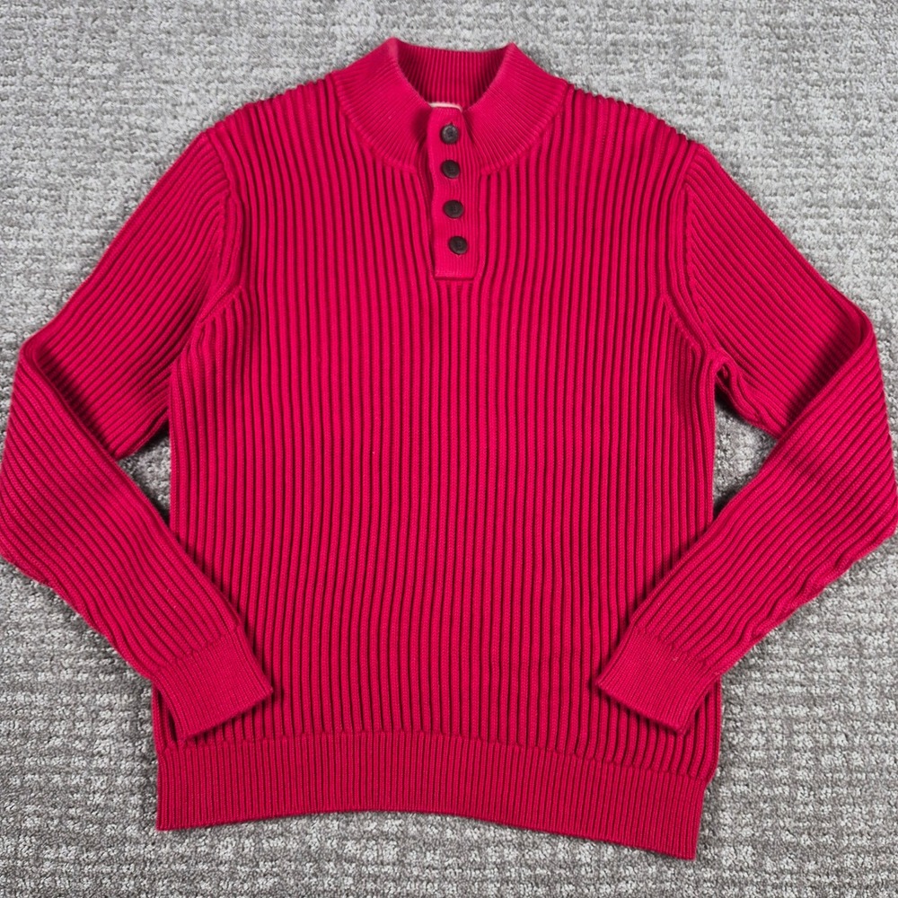 LL Bean Sweater Mens L Red Heritage Cotton Rib Mock Neck Henley Heavy Fisherman